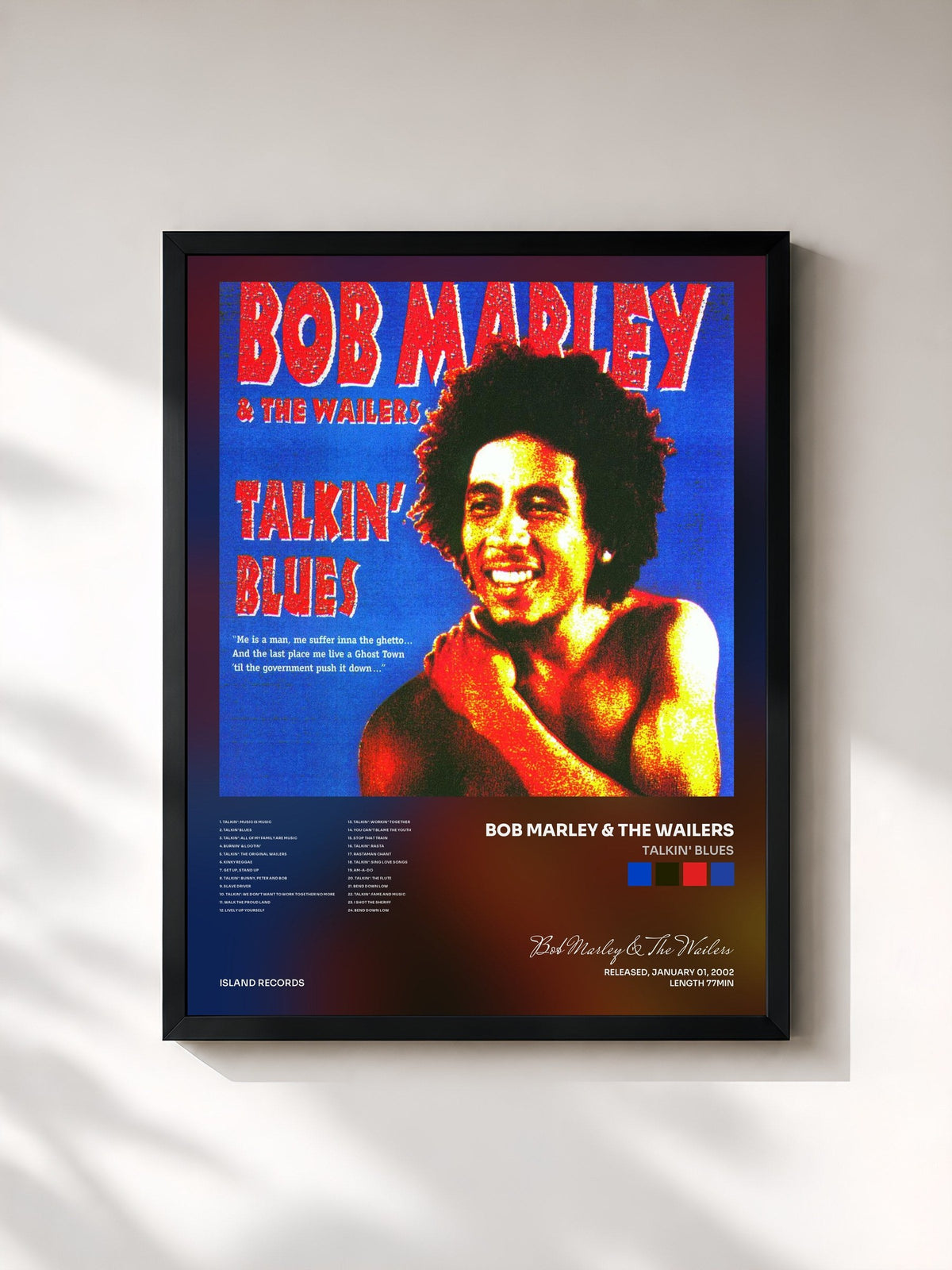 #noir Tableau de l'album Talkin' Blues de Bob Marley & The Wailers, cadre noir, imprimé et encadré en France