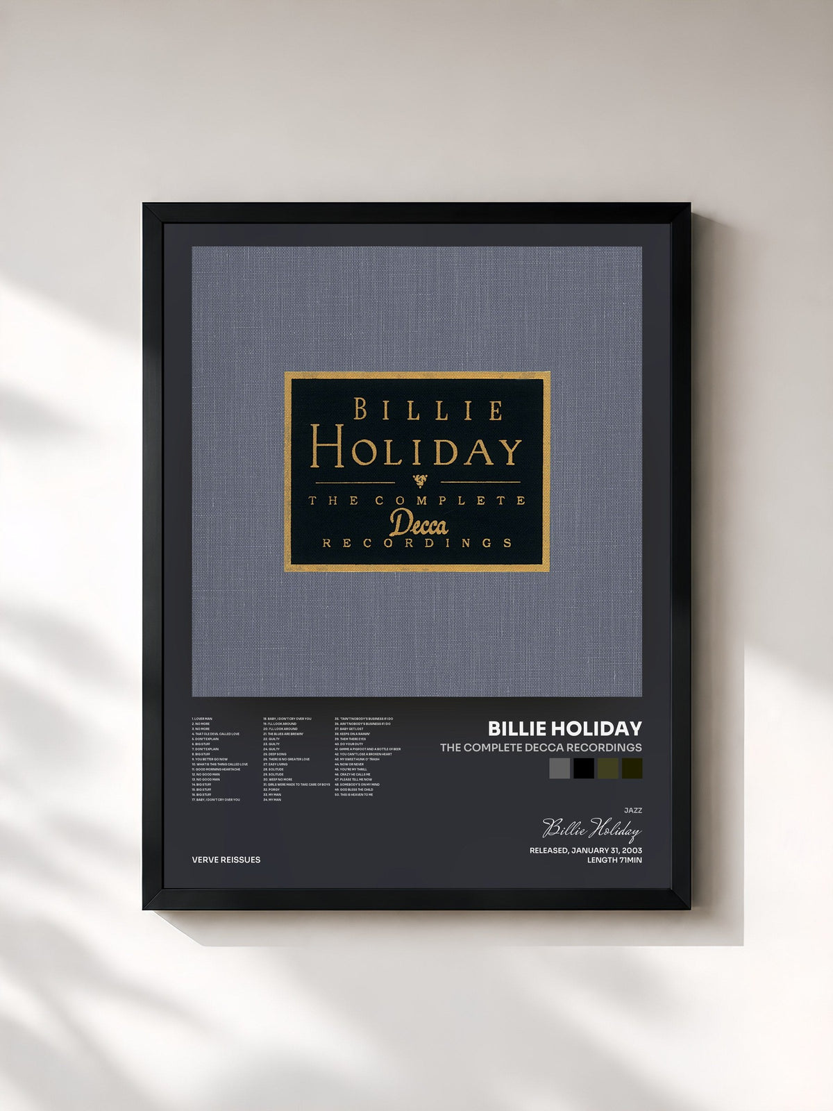 #noir Tableau de l'album The Complete Decca Recordings de Billie Holiday, cadre noir, imprimé et encadré en France