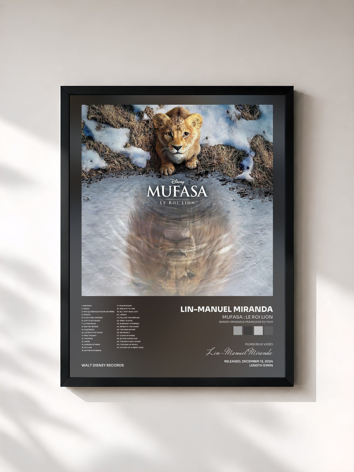 #noir Tableau de l'album Mufasa : Le Roi Lion (Bande Originale Française du Film) de Lin-Manuel Miranda, cadre noir, imprimé et encadré en France