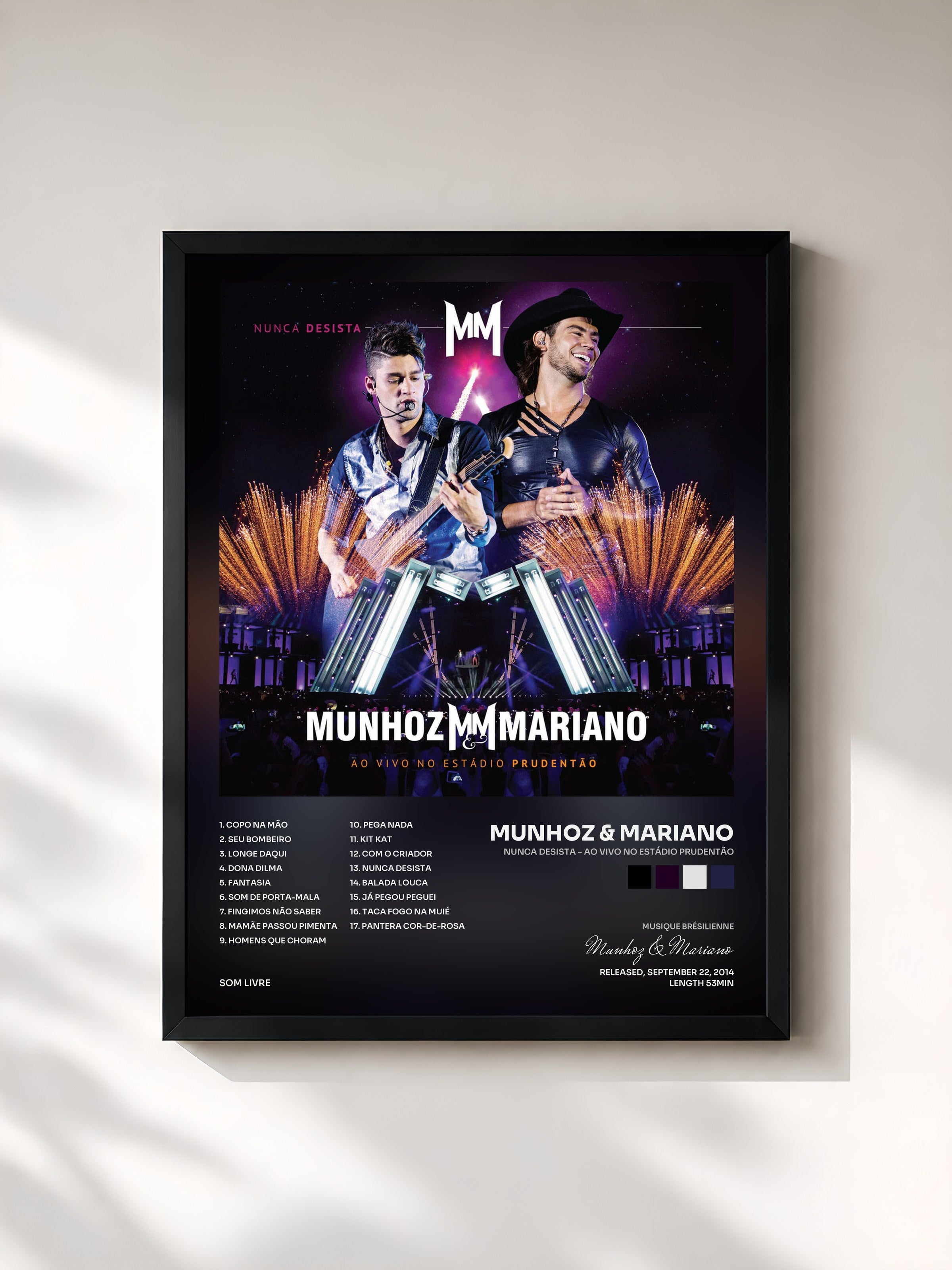 #noir Tableau de l'album Nunca Desista - Ao Vivo No Estádio Prudentão de Munhoz & Mariano, cadre noir, imprimé et encadré en France
