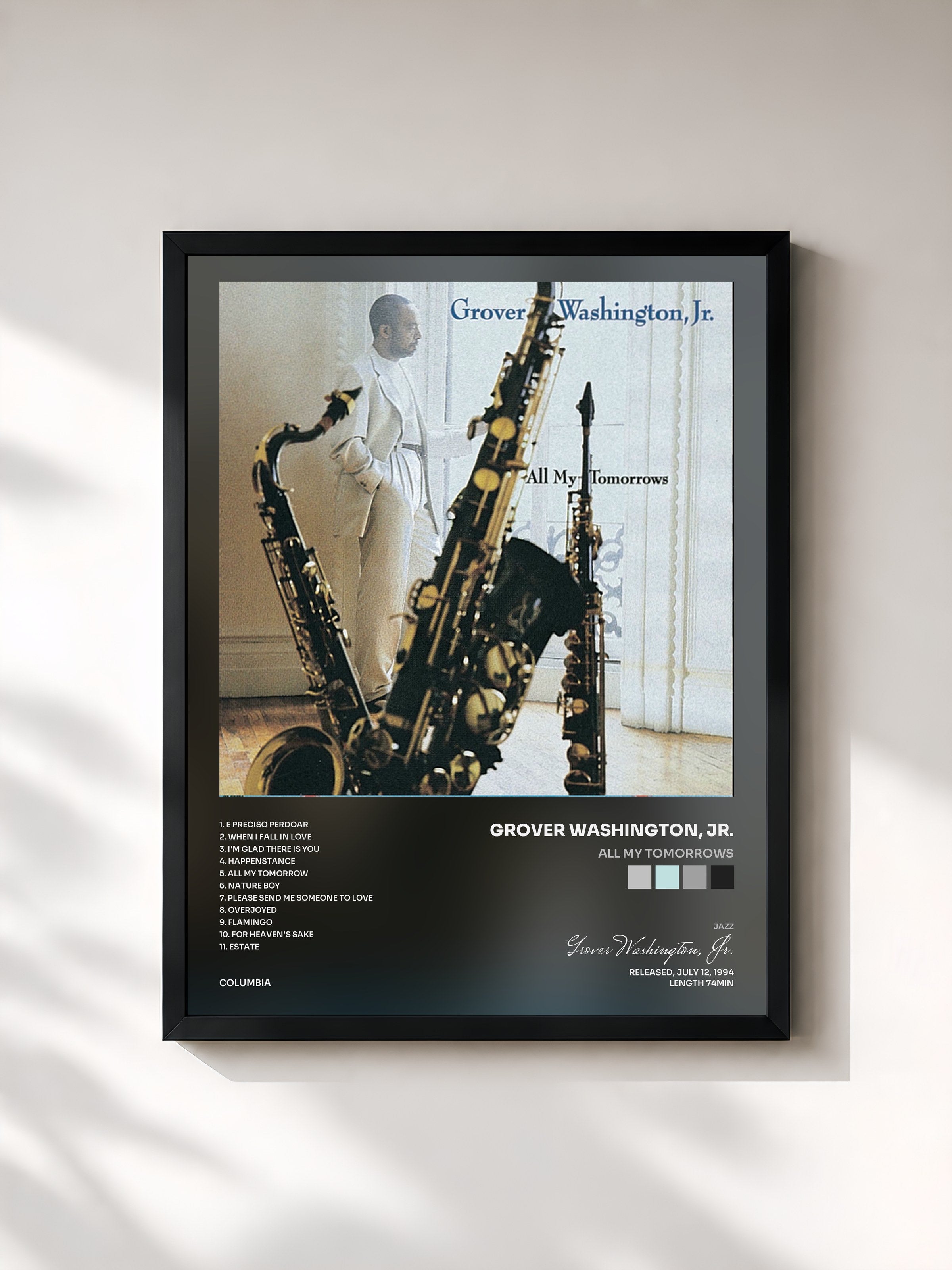 #noir Tableau de l'album All My Tomorrows de Grover Washington, Jr., cadre noir, imprimé et encadré en France