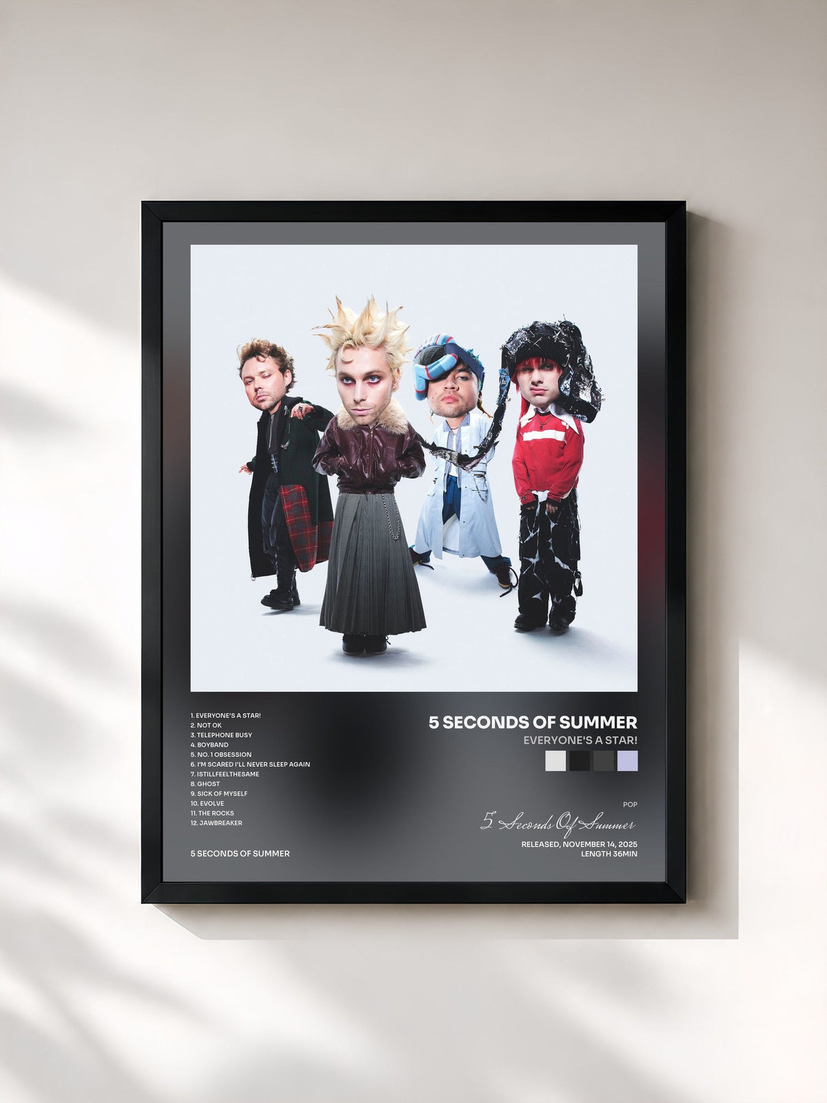 #noir Tableau de l'album EVERYONE'S A STAR! de 5 Seconds Of Summer, cadre noir, imprimé et encadré en France