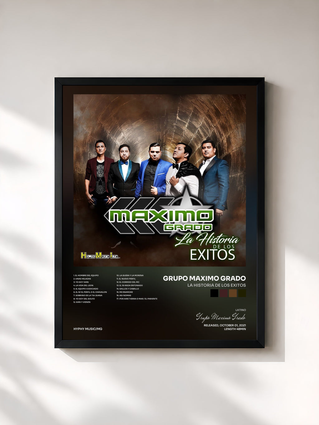 #noir Tableau de l'album La Historia de Los Exitos de Grupo Maximo Grado, cadre noir, imprimé et encadré en France