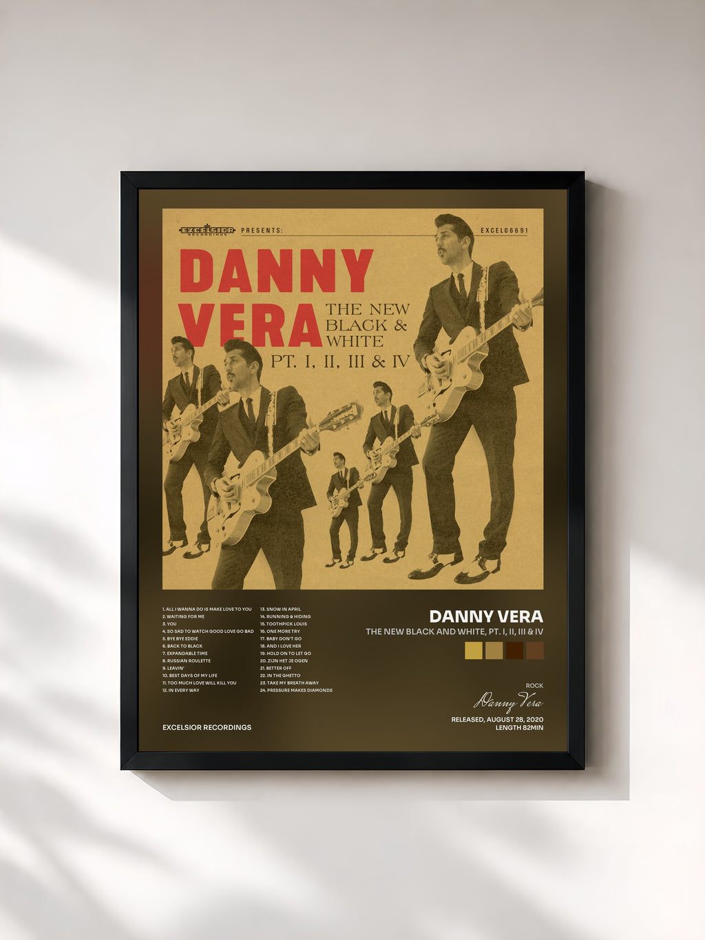 #noir Tableau de l'album The New Black and White, Pt. I, II, III & IV de Danny Vera, cadre noir, imprimé et encadré en France