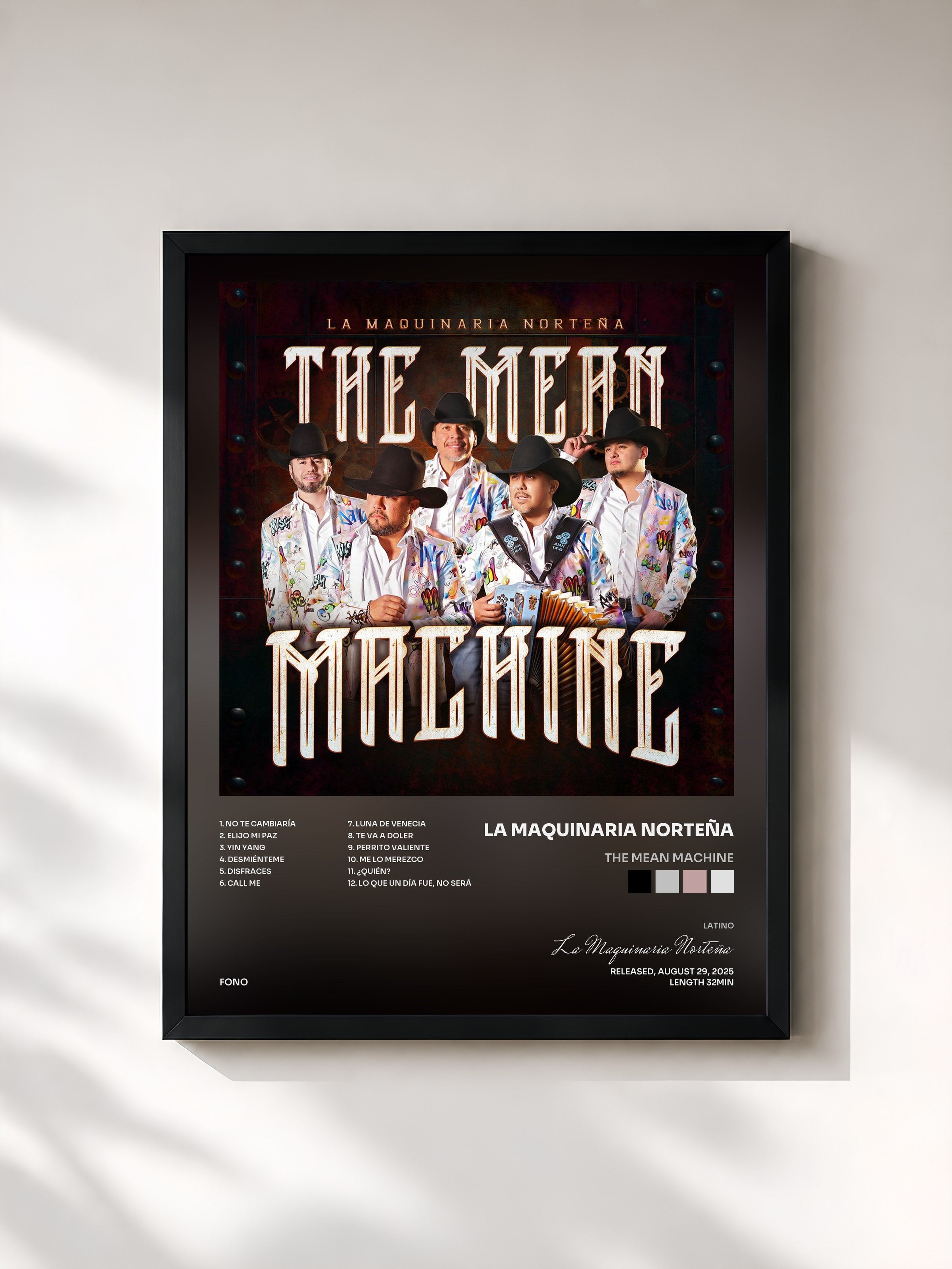 #noir Tableau de l'album The Mean Machine de La Maquinaria Norteña, cadre noir, imprimé et encadré en France