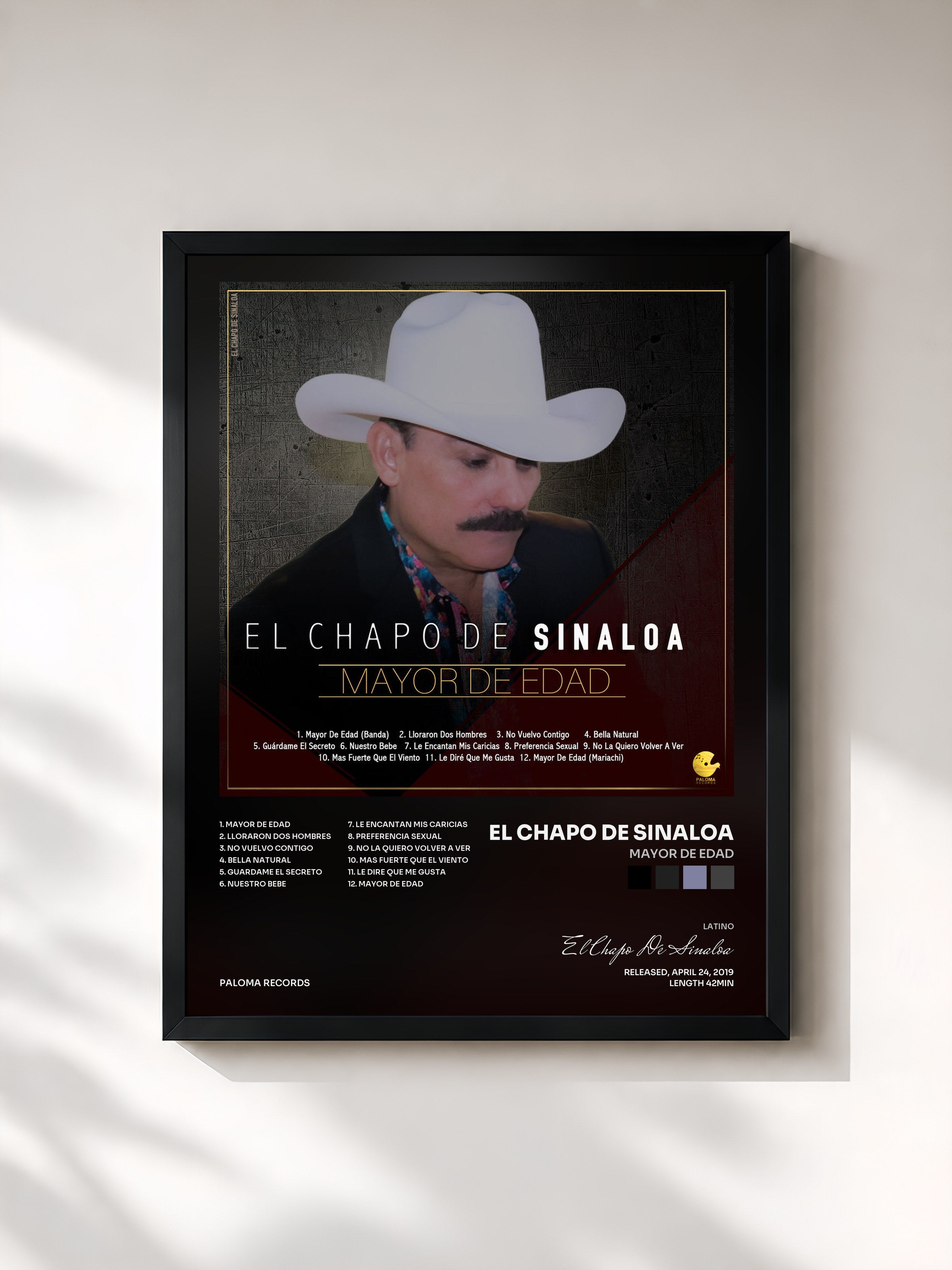 #noir Tableau de l'album Mayor de Edad de El Chapo De Sinaloa, cadre noir, imprimé et encadré en France