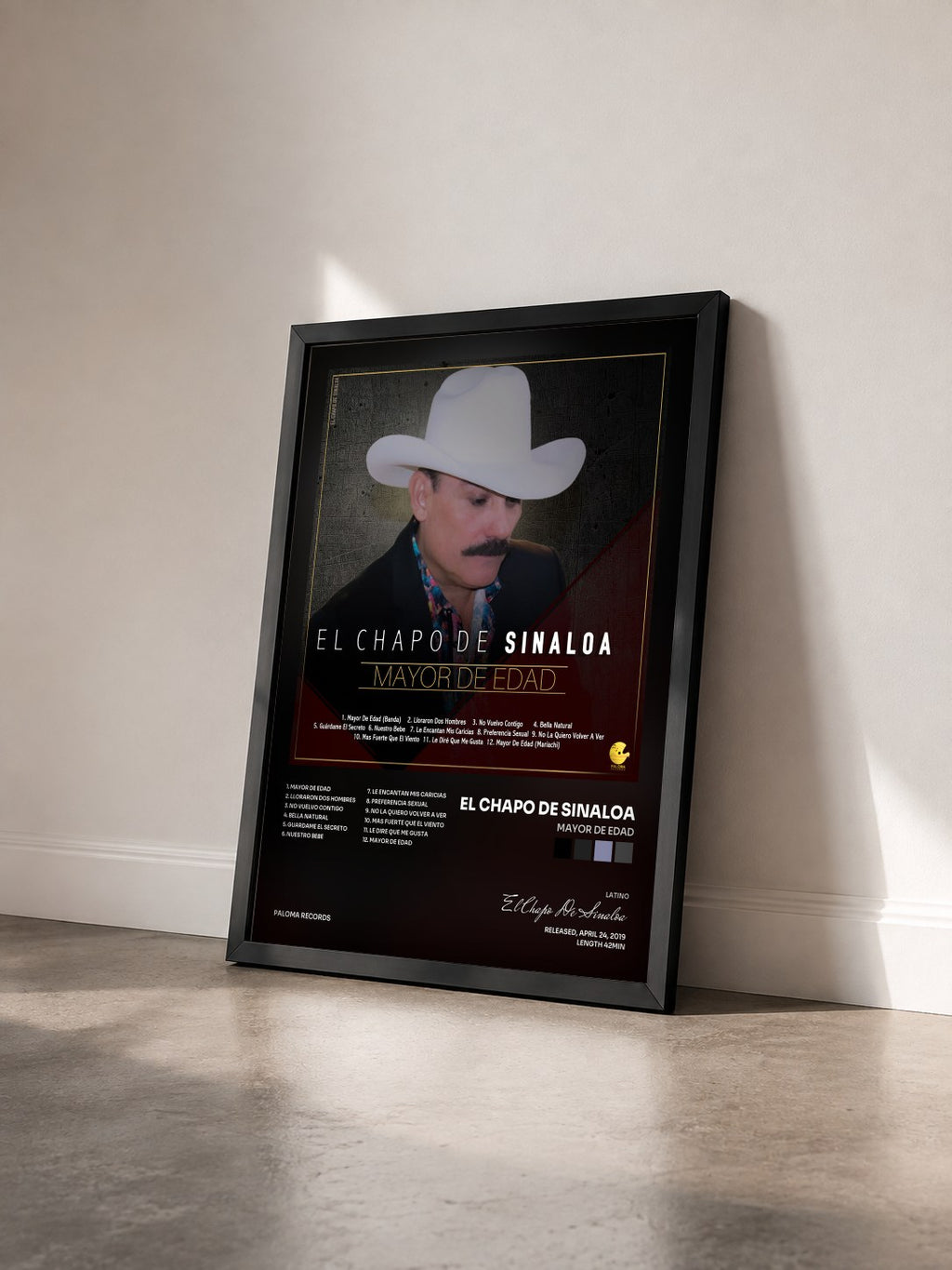 #noir Tableau de l'album Mayor de Edad de El Chapo De Sinaloa vu de trois quarts, cadre noir