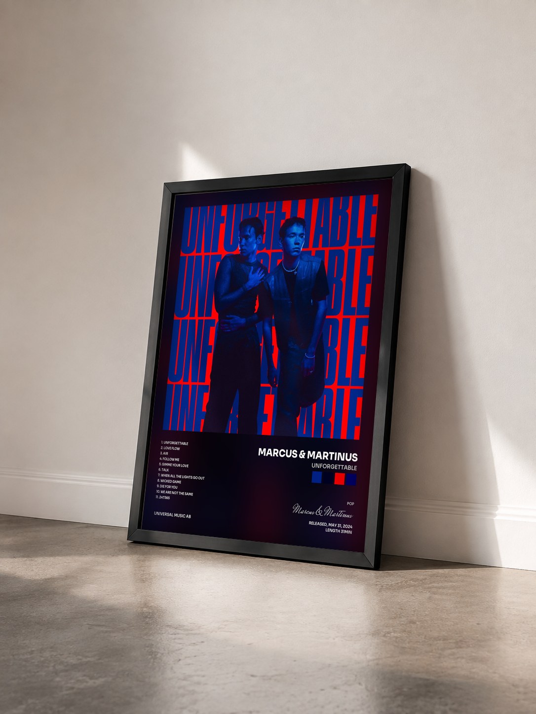 #noir Tableau de l'album Unforgettable de Marcus & Martinus vu de trois quarts, cadre noir