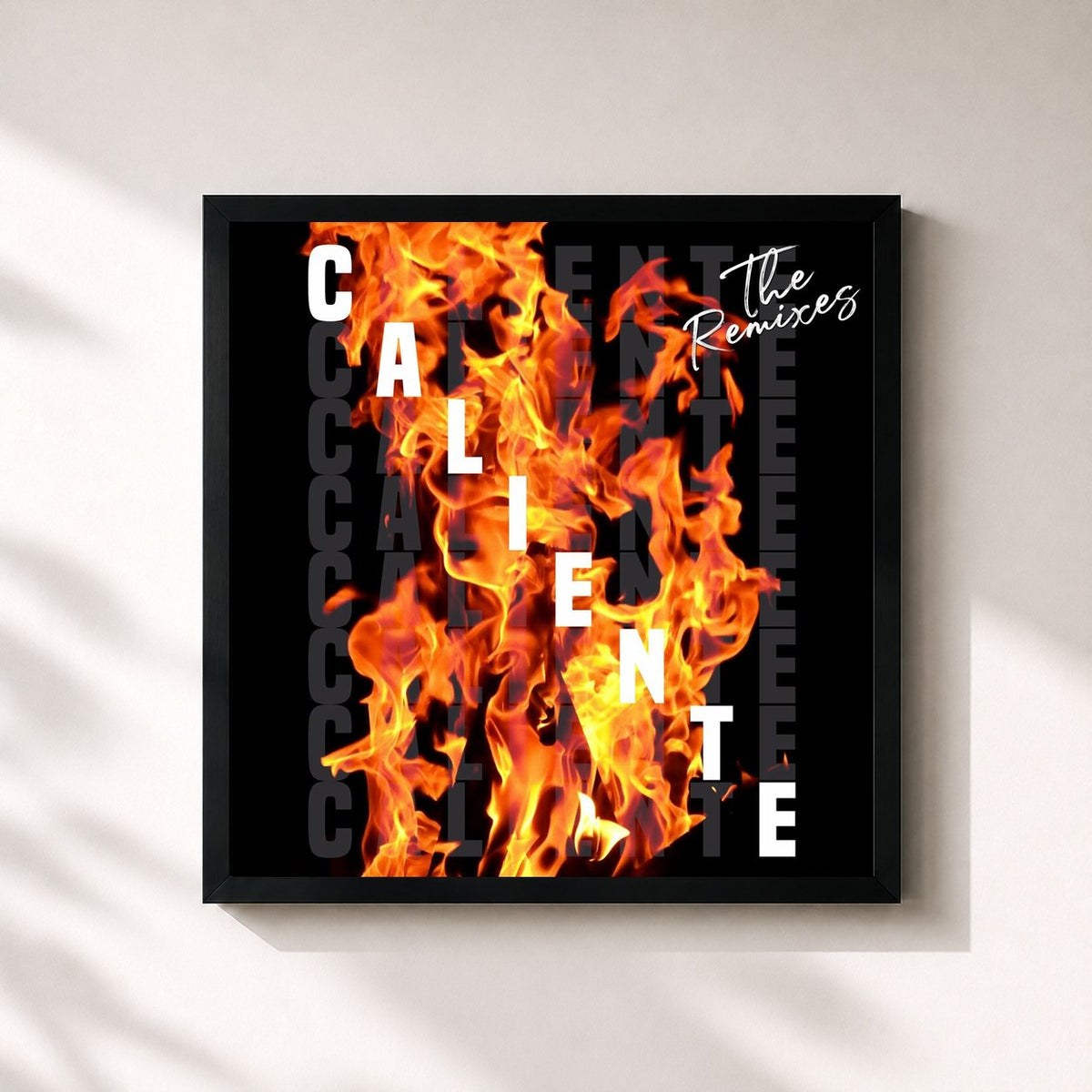 #noir Tableau carré de l'album Caliente (The Remixes) de Juan Magan, cadre noir 32x32 cm