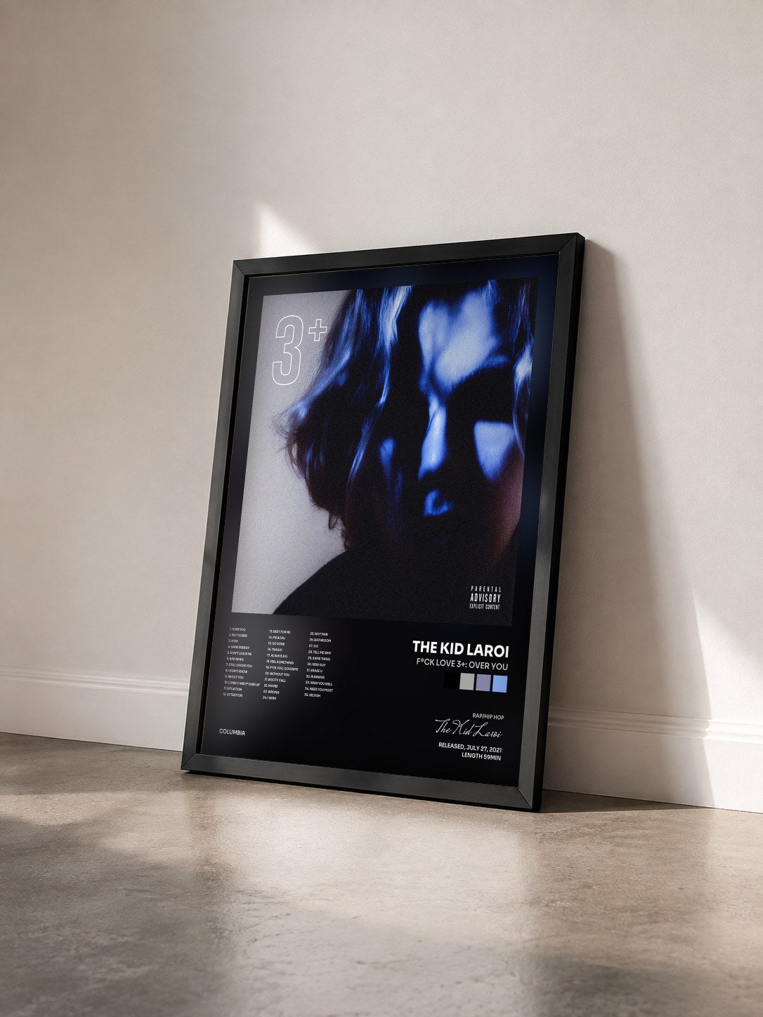 #noir F*CK LOVE 3+: OVER YOU by The Kid Laroi as a framed art print seen at an angle, black frame