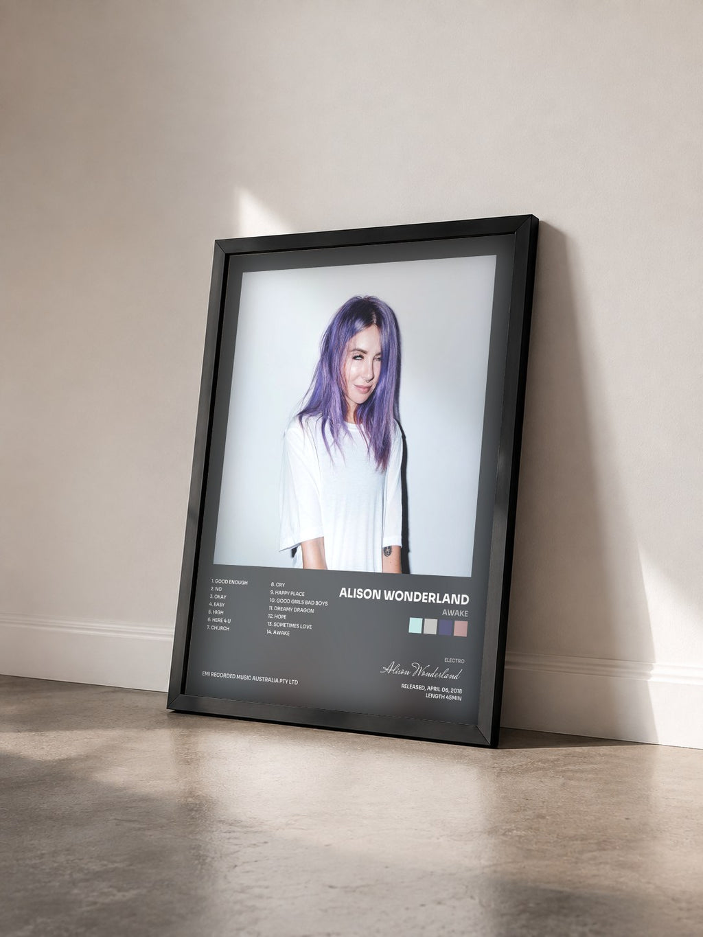 #noir Tableau de l'album Awake de Alison Wonderland vu de trois quarts, cadre noir
