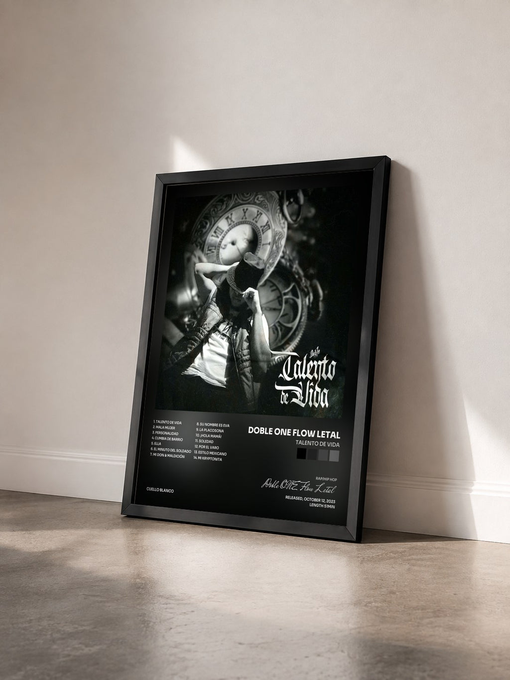 #noir Tableau de l'album Talento de Vida de Doble ONE Flow Letal vu de trois quarts, cadre noir