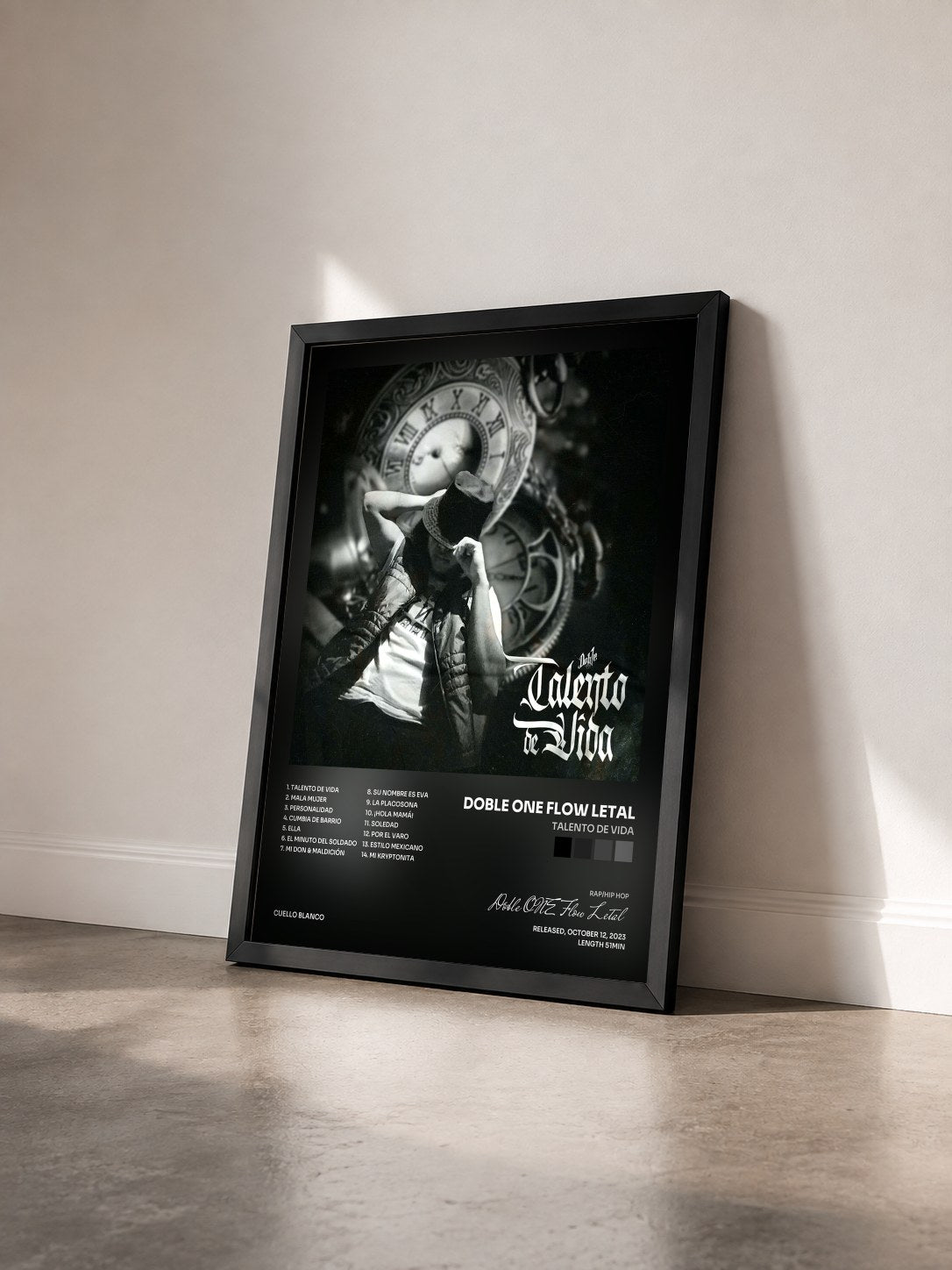 #noir Tableau de l'album Talento de Vida de Doble ONE Flow Letal vu de trois quarts, cadre noir