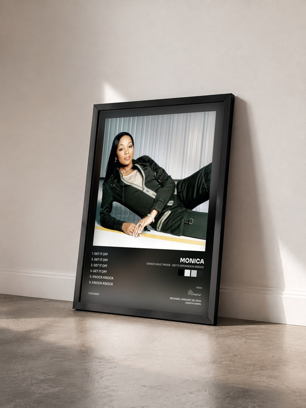 #noir Dance Vault Mixes - Get It Off/Knock Knock by Monica as a framed art print seen at an angle, black frame