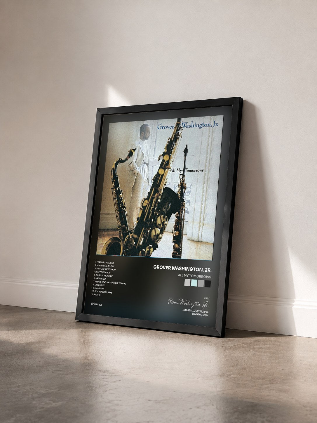 #noir Tableau de l'album All My Tomorrows de Grover Washington, Jr. vu de trois quarts, cadre noir