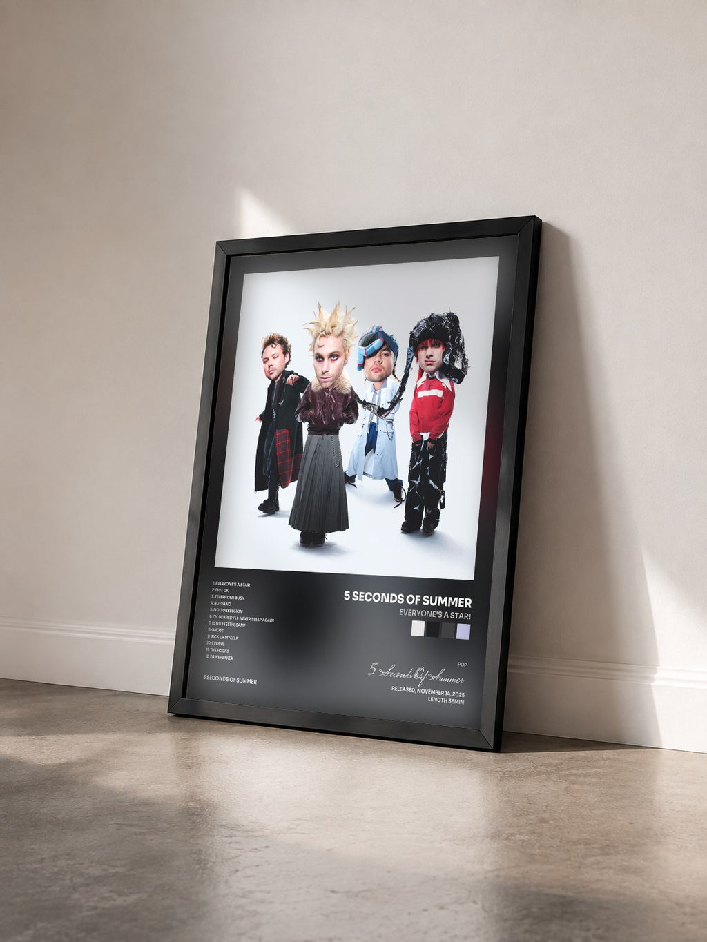 #noir Tableau de l'album EVERYONE'S A STAR! de 5 Seconds Of Summer vu de trois quarts, cadre noir