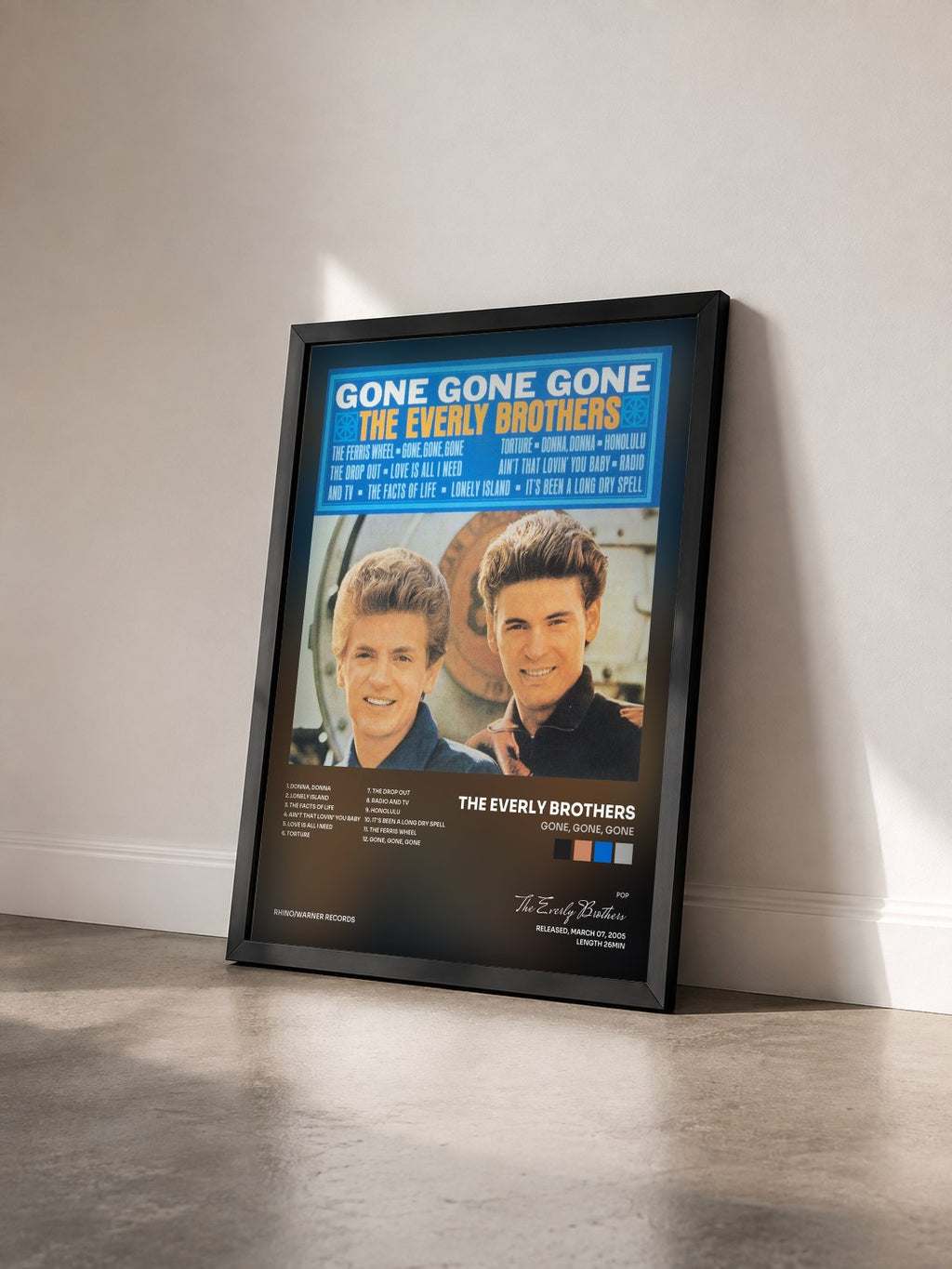 #noir Tableau de l'album Gone, Gone, Gone de The Everly Brothers vu de trois quarts, cadre noir