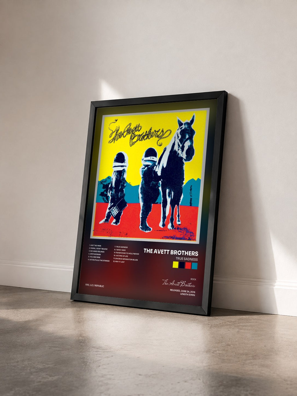 #noir Tableau de l'album True Sadness de The Avett Brothers vu de trois quarts, cadre noir