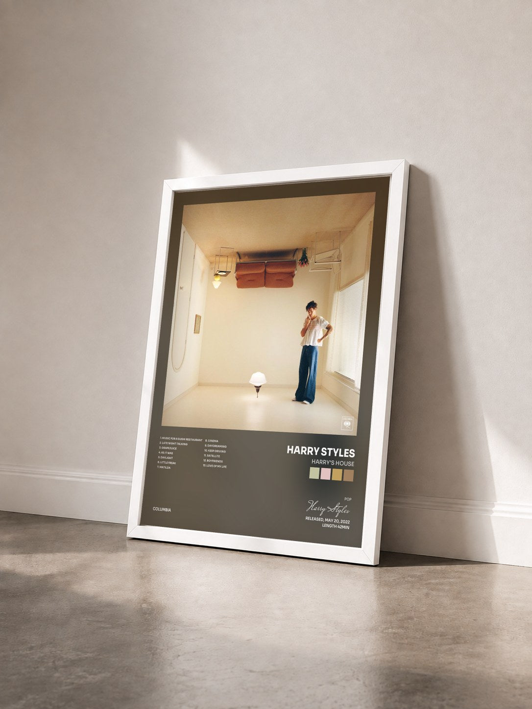 #blanc Tableau de l'album Harry's House de Harry Styles vu de trois quarts, cadre blanc