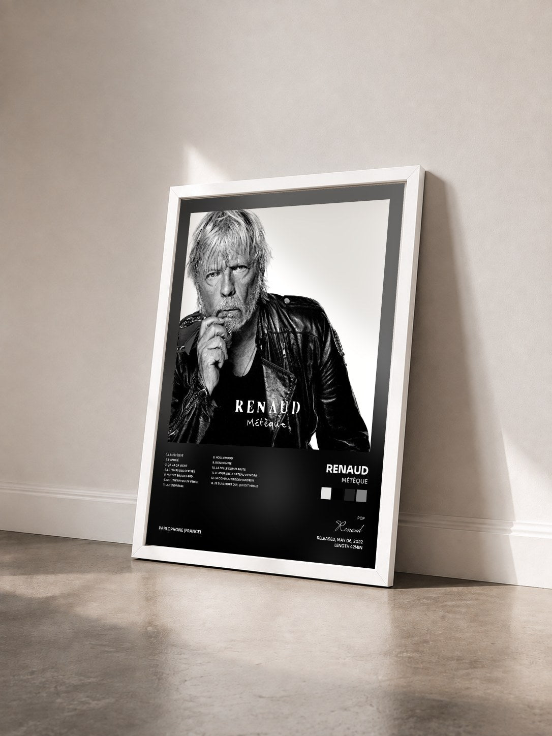 #blanc Tableau de l'album Métèque de Renaud vu de trois quarts, cadre blanc