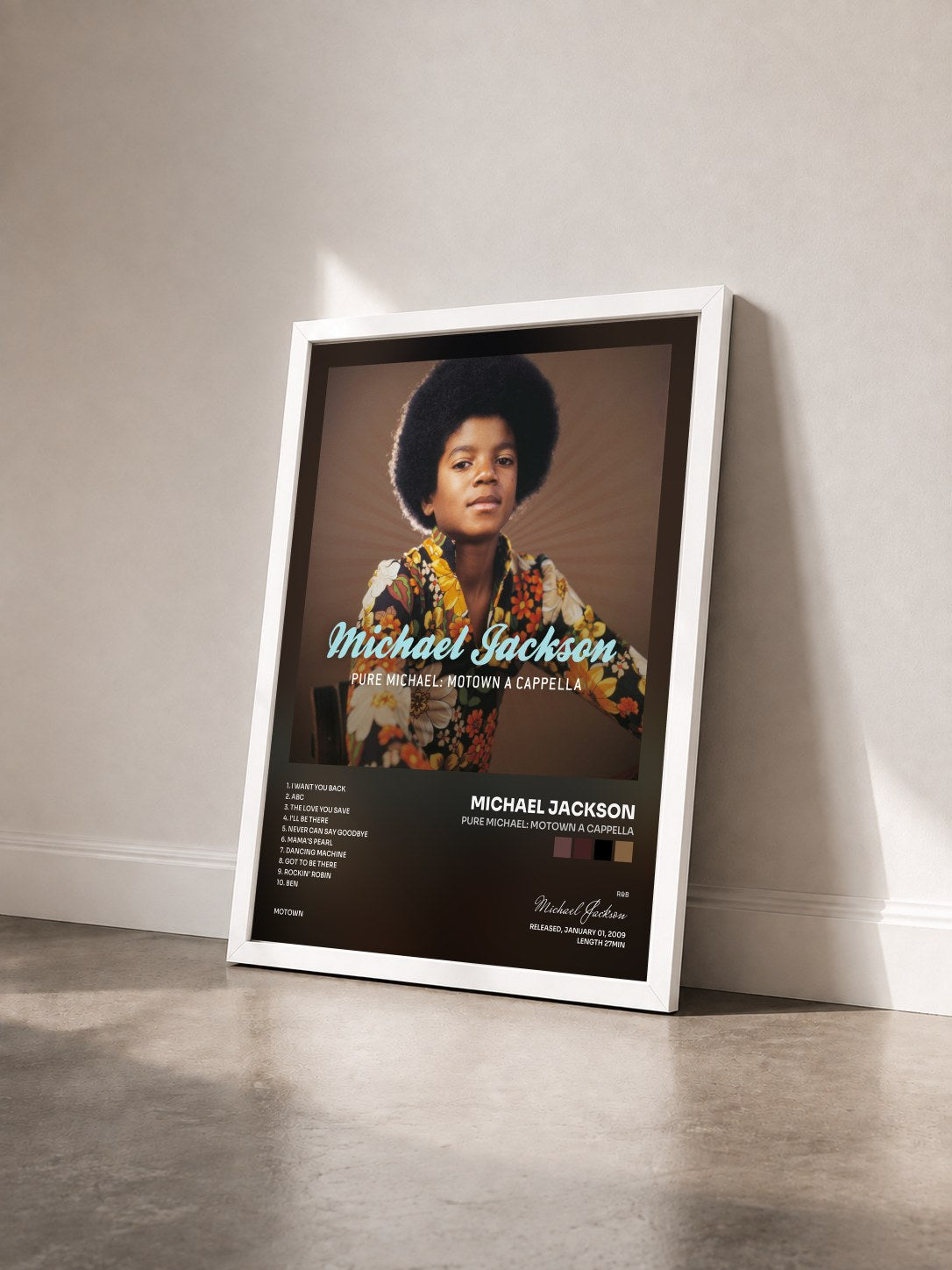 #blanc Tableau de l'album Pure Michael: Motown A Cappella de Michael Jackson vu de trois quarts, cadre blanc