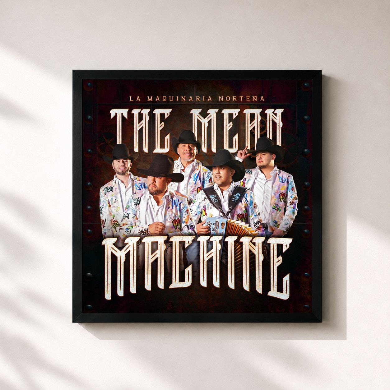 #noir Tableau carré de l'album The Mean Machine de La Maquinaria Norteña, cadre noir 32x32 cm