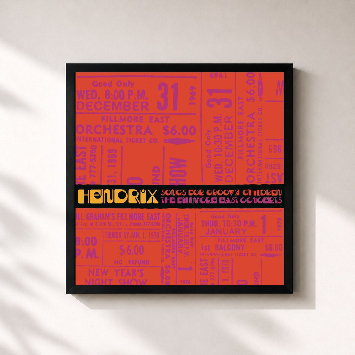 #noir Tableau carré de l'album Songs For Groovy Children: The Fillmore East Concerts de Jimi Hendrix, cadre noir 32x32 cm