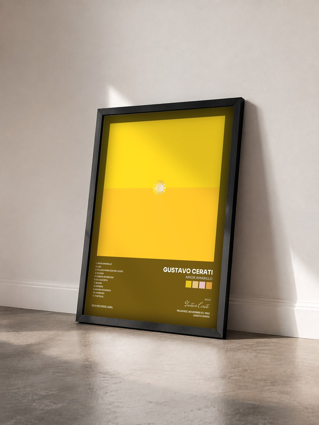#noir Amor Amarillo di Gustavo Cerati in stampa incorniciata vista di tre quarti, cornice nera
