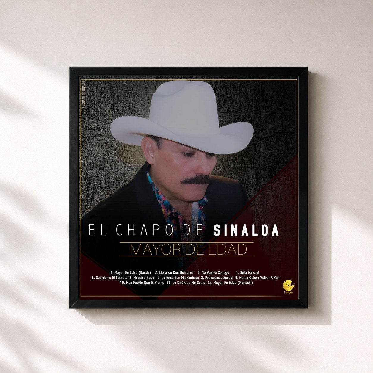 #noir Tableau carré de l'album Mayor de Edad de El Chapo De Sinaloa, cadre noir 32x32 cm