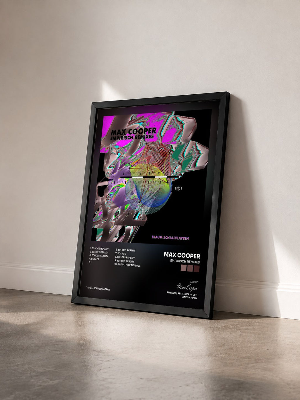 #noir Empirisch Remixes by Max Cooper as a framed art print seen at an angle, black frame