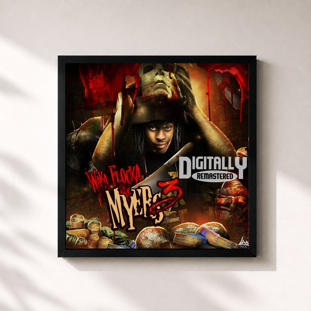 #noir Tableau carré de l'album Waka Flocka Myers 3 de Waka Flocka Flame, cadre noir 32x32 cm