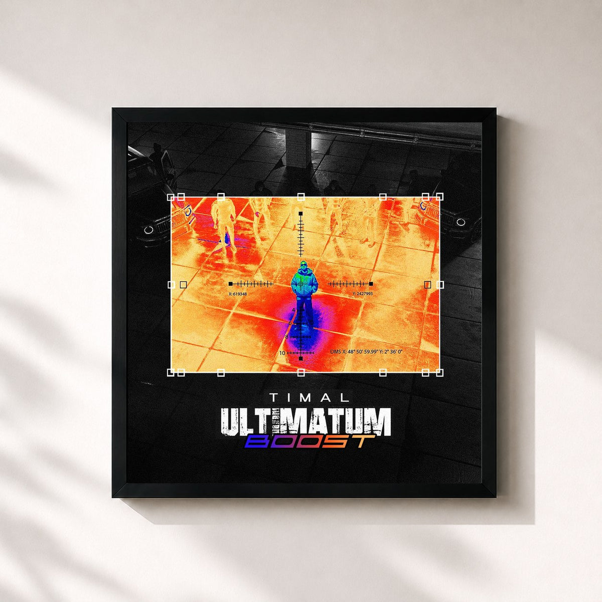 #noir Tableau carré de l'album ULTIMATUM BOOST de Timal, cadre noir 32x32 cm