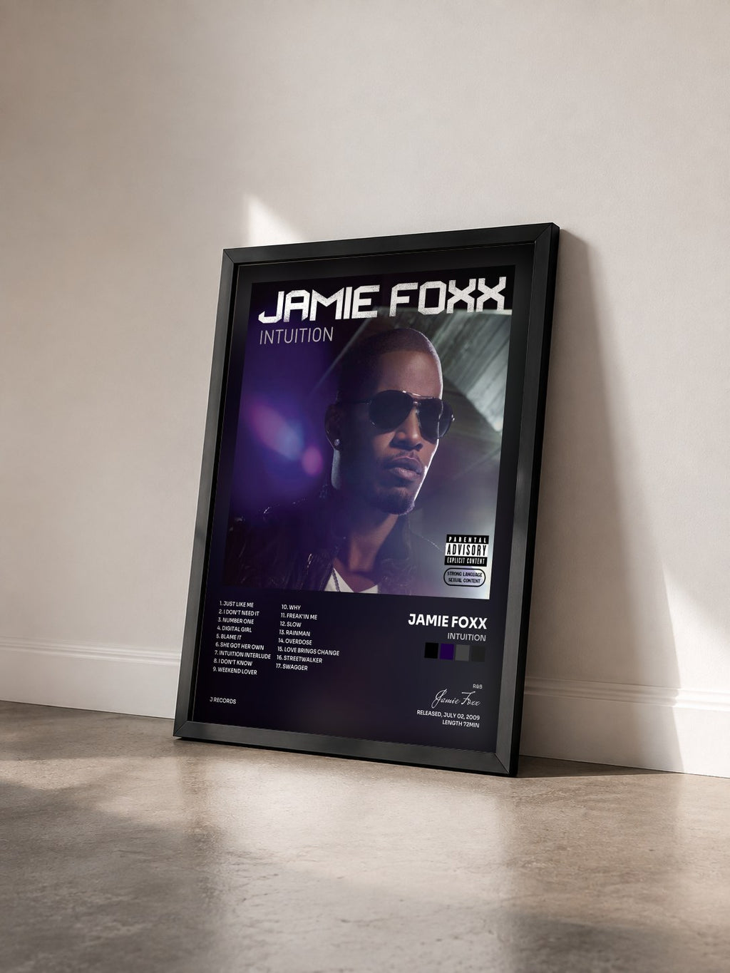 #noir Tableau de l'album Intuition de Jamie Foxx vu de trois quarts, cadre noir