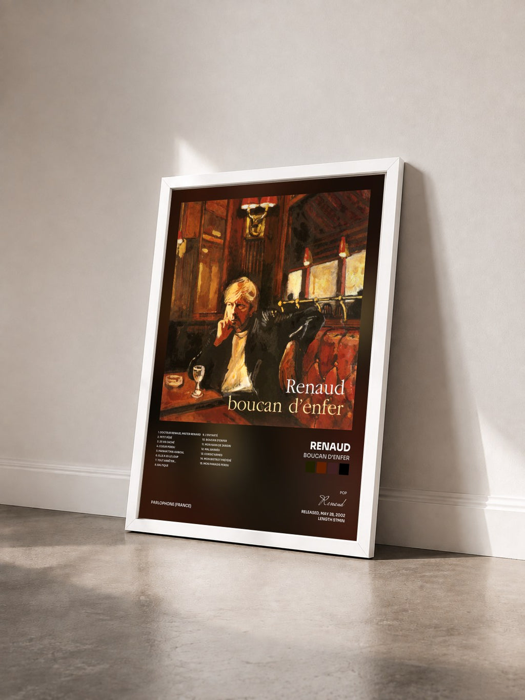#blanc Tableau de l'album Boucan d'enfer de Renaud vu de trois quarts, cadre blanc