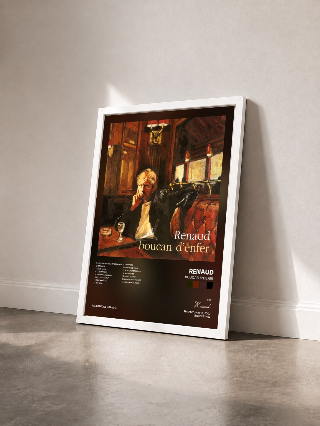 #blanc Tableau de l'album Boucan d'enfer de Renaud vu de trois quarts, cadre blanc