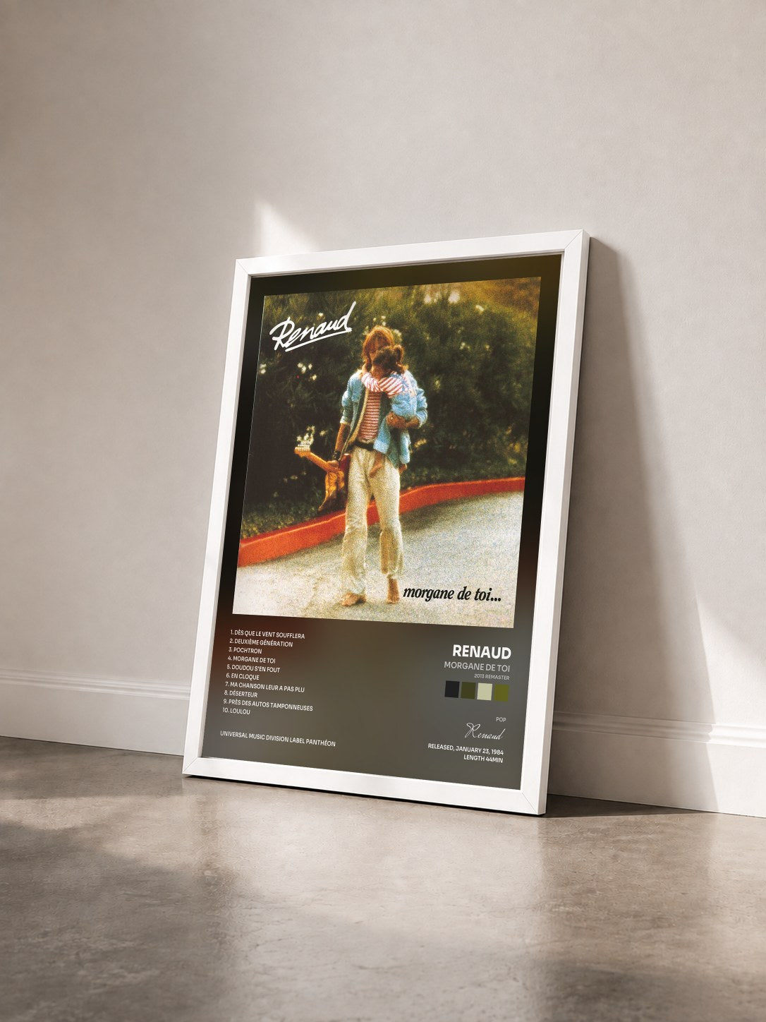 #blanc Tableau de l'album Morgane De Toi (2013 Remaster) de Renaud vu de trois quarts, cadre blanc