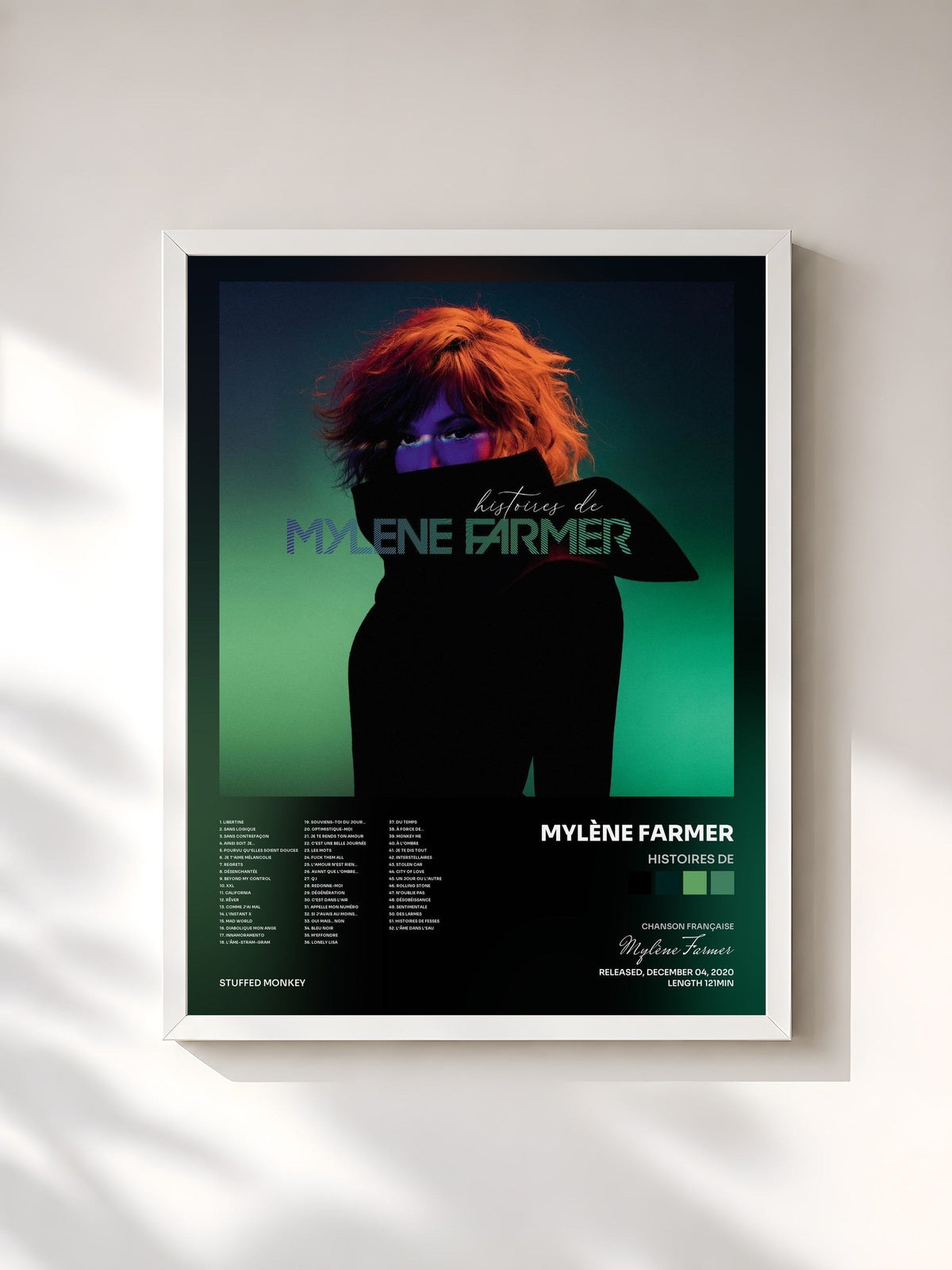 #blanc Tableau de l'album Histoires de de Mylène Farmer, cadre blanc, imprimé et encadré en France