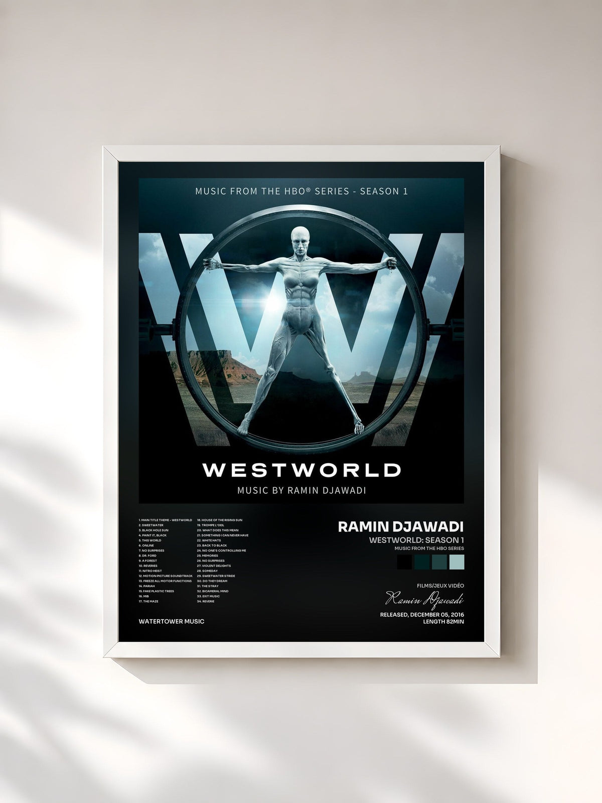 #blanc Tableau de l'album Westworld: Season 1 (Music from the HBO Series) de Ramin Djawadi, cadre blanc, imprimé et encadré en France