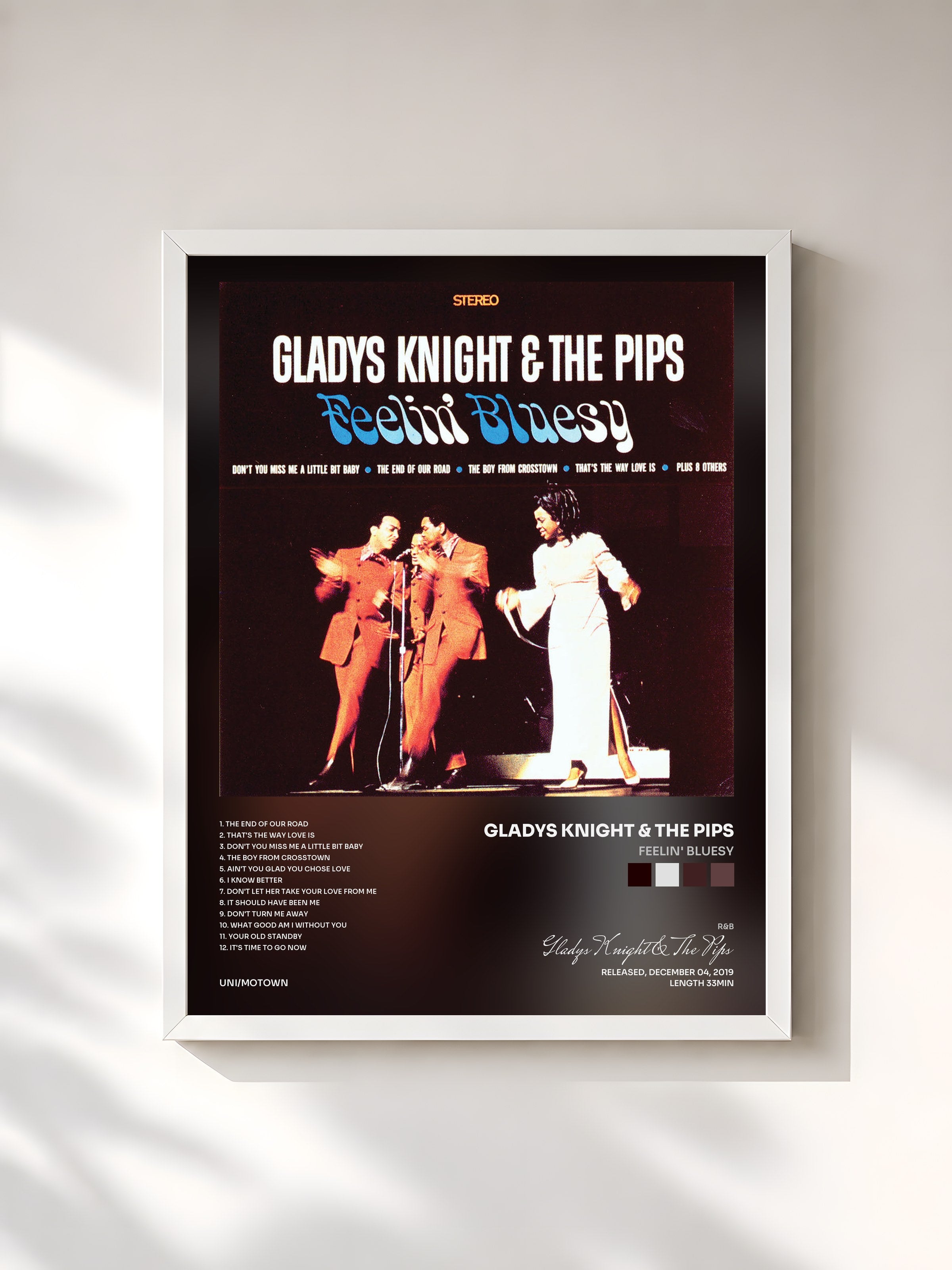 #blanc Tableau de l'album Feelin' Bluesy de Gladys Knight & The Pips, cadre blanc, imprimé et encadré en France