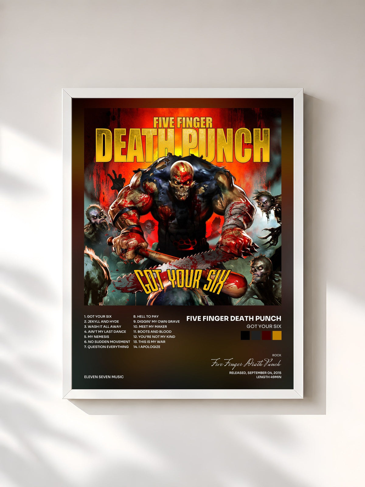 #blanc Tableau de l'album Got Your Six de Five Finger Death Punch, cadre blanc, imprimé et encadré en France