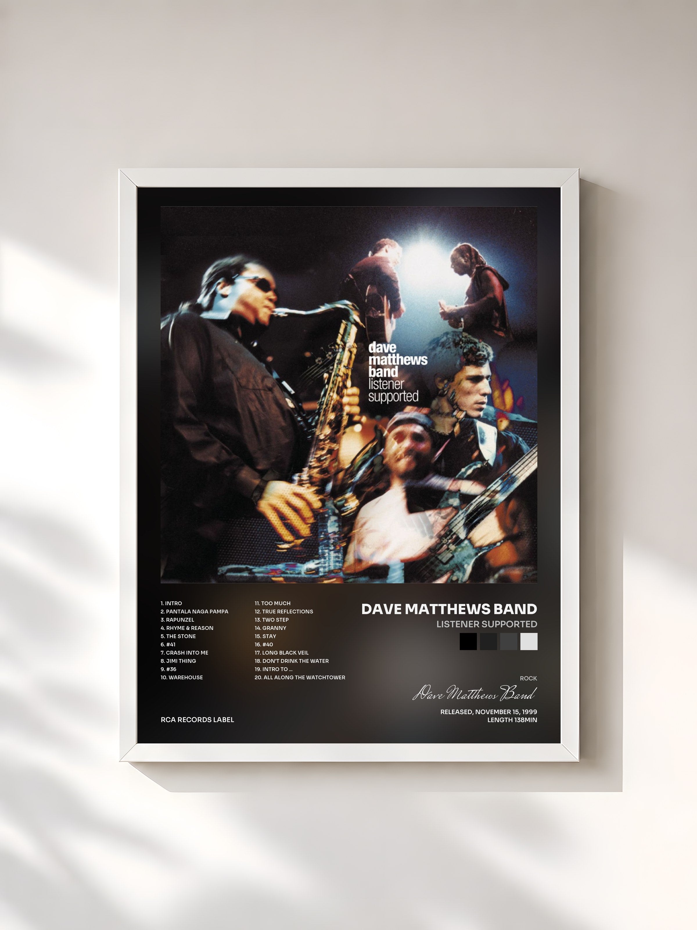 #blanc Tableau de l'album Listener Supported de Dave Matthews Band, cadre blanc, imprimé et encadré en France