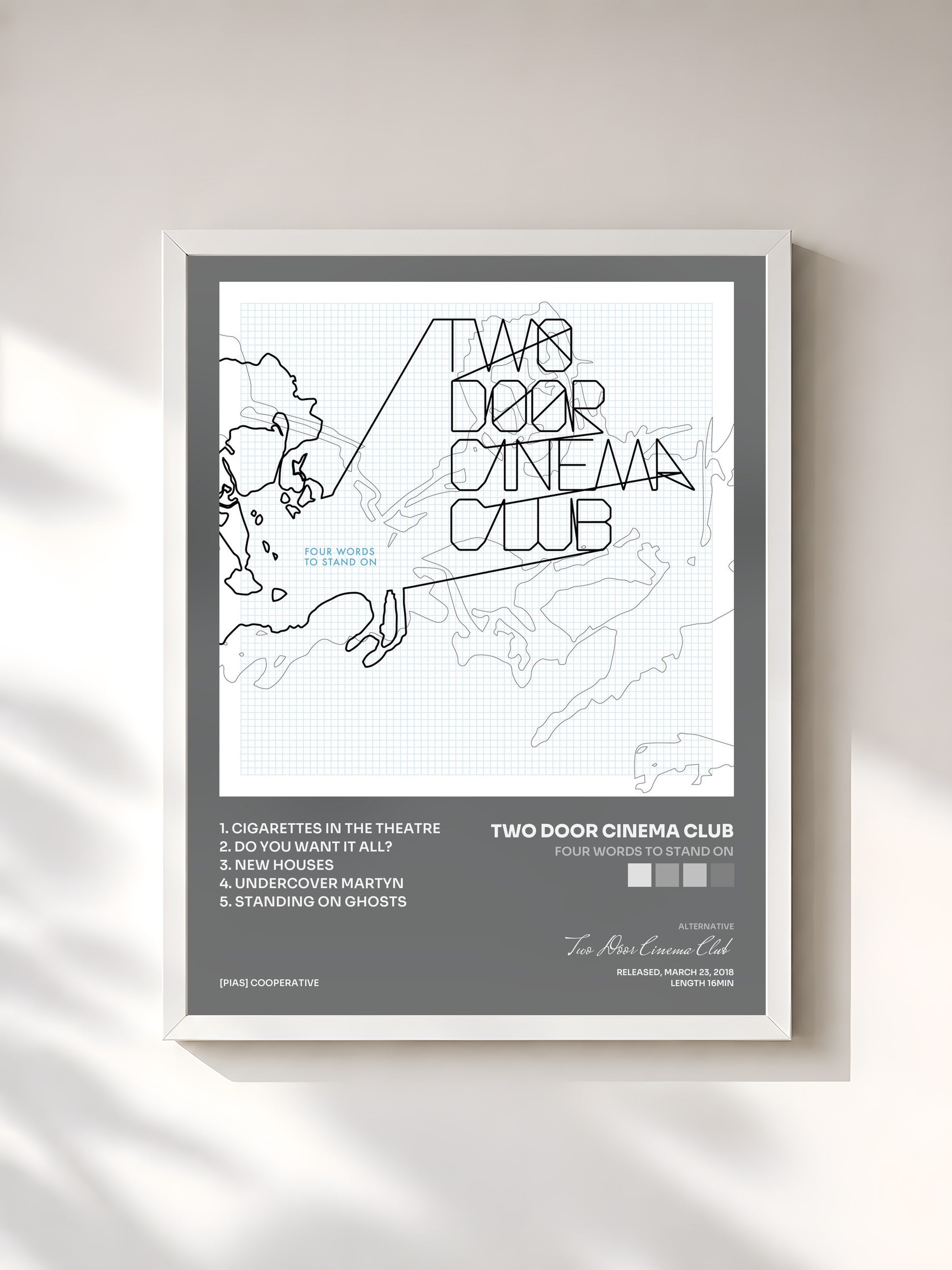 #blanc Tableau de l'album Four Words to Stand On de Two Door Cinema Club, cadre blanc, imprimé et encadré en France