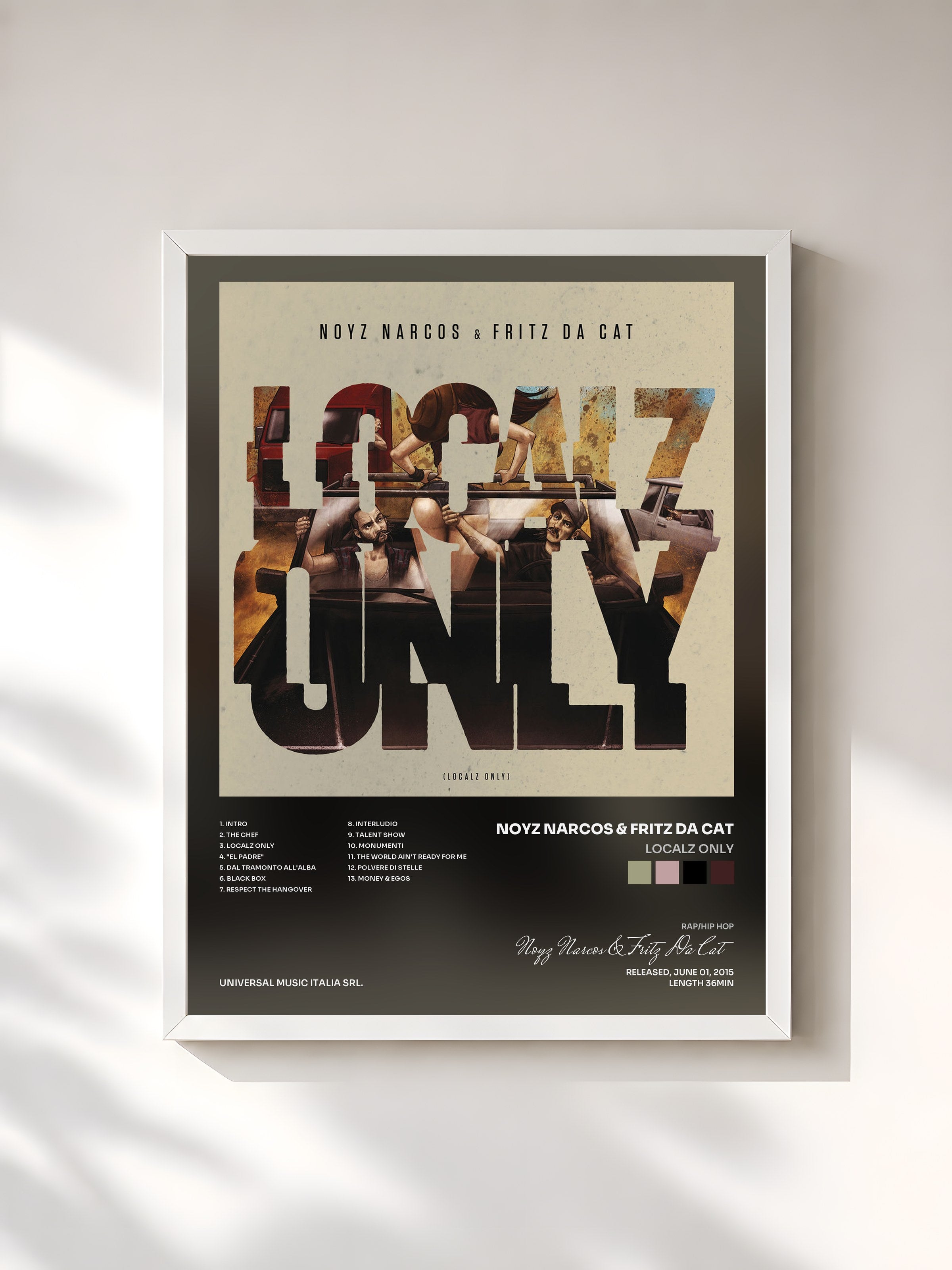 #blanc Tableau de l'album Localz Only de Noyz Narcos & Fritz Da Cat, cadre blanc, imprimé et encadré en France