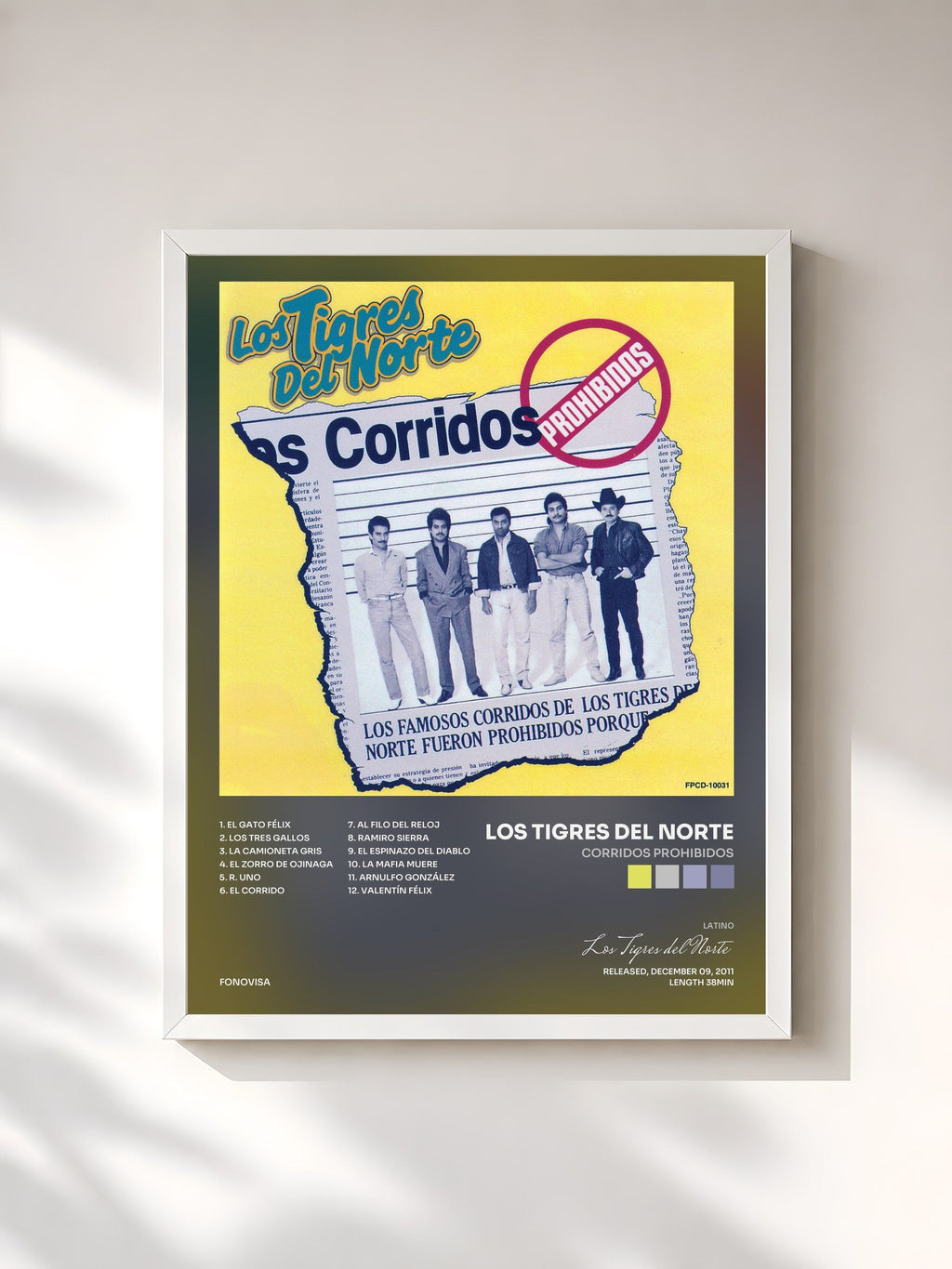 #blanc Corridos Prohibidos de Los Tigres del Norte en lámina enmarcada, marco blanco, impresa y enmarcada en Francia