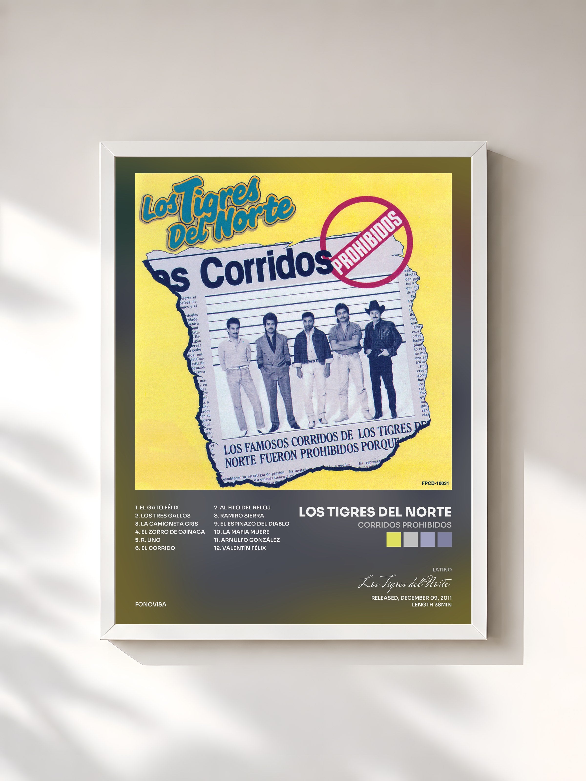 #blanc Tableau de l'album Corridos Prohibidos de Los Tigres del Norte, cadre blanc, imprimé et encadré en France