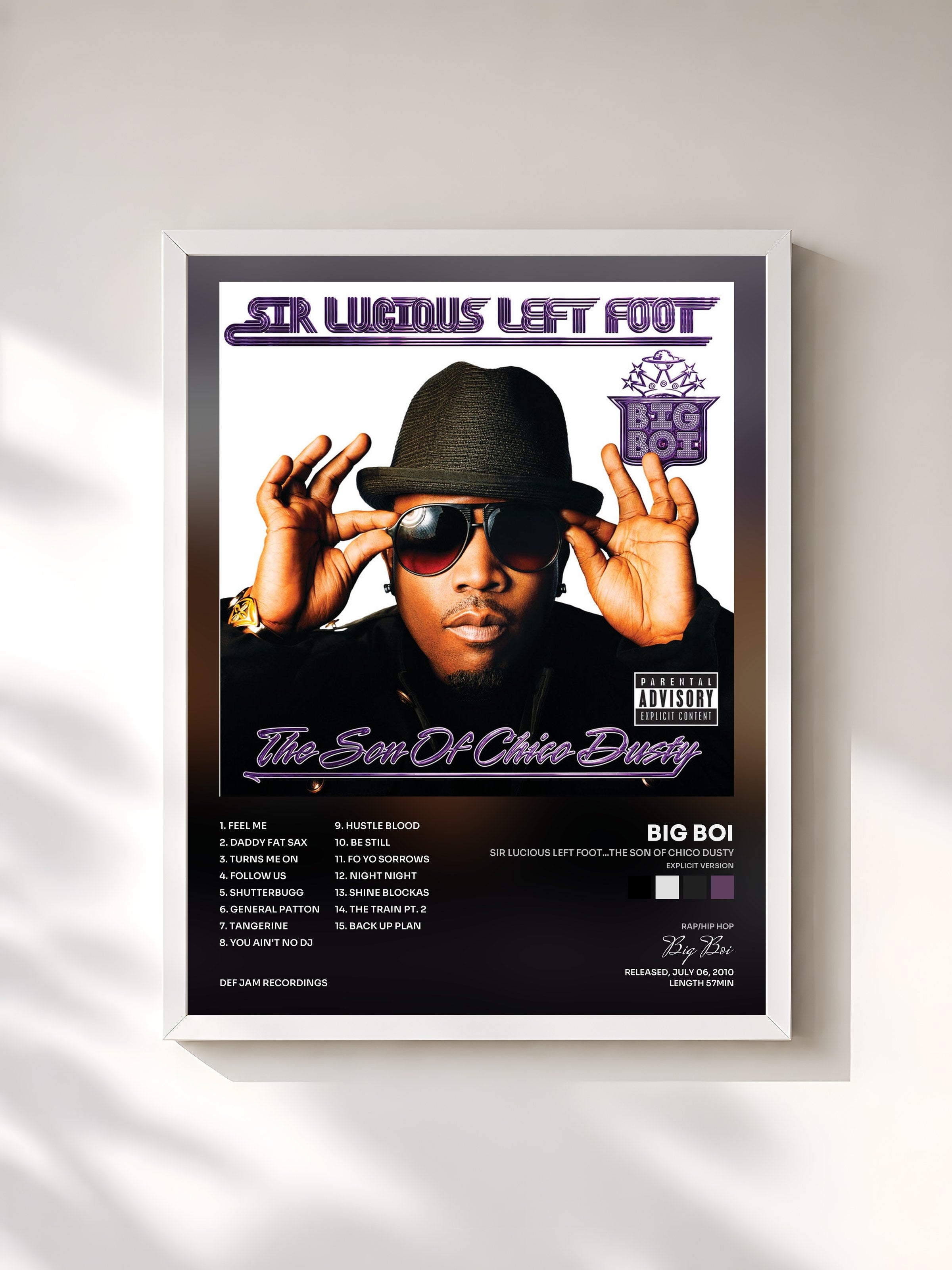 #blanc Tableau de l'album Sir Lucious Left Foot...The Son Of Chico Dusty (Explicit Version) de Big Boi, cadre blanc, imprimé et encadré en France