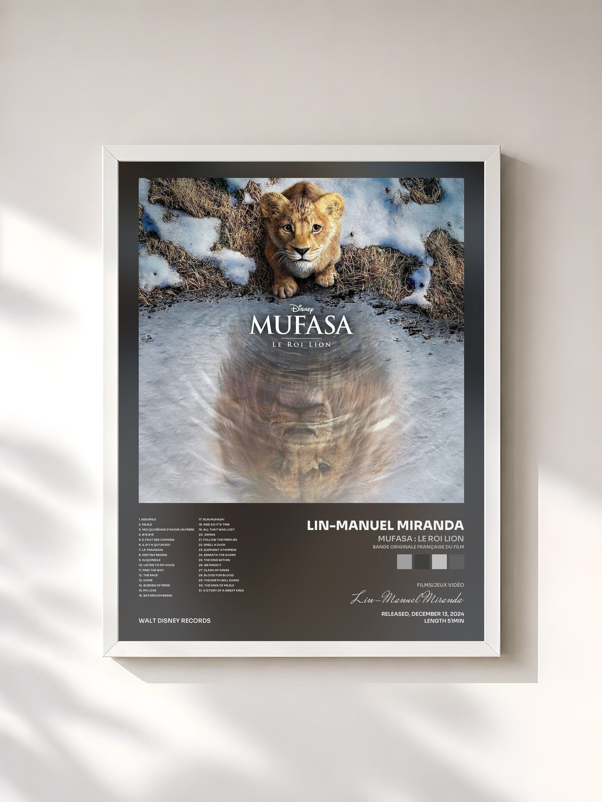 #blanc Tableau de l'album Mufasa : Le Roi Lion (Bande Originale Française du Film) de Lin-Manuel Miranda, cadre blanc, imprimé et encadré en France