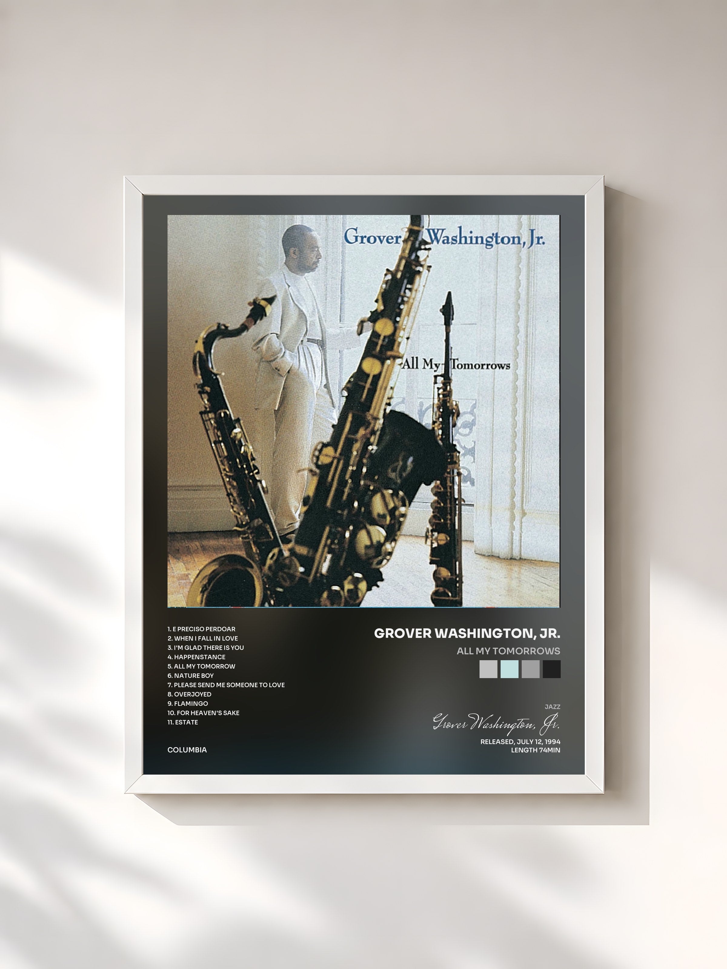 #blanc Tableau de l'album All My Tomorrows de Grover Washington, Jr., cadre blanc, imprimé et encadré en France