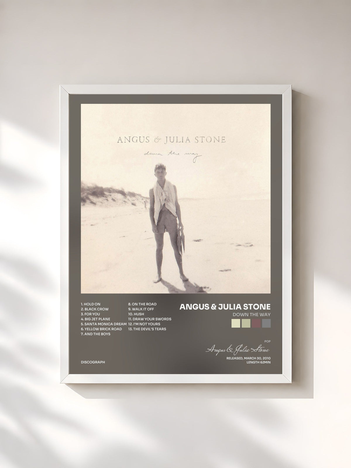 #blanc Tableau de l'album Down The Way de Angus & Julia Stone, cadre blanc, imprimé et encadré en France