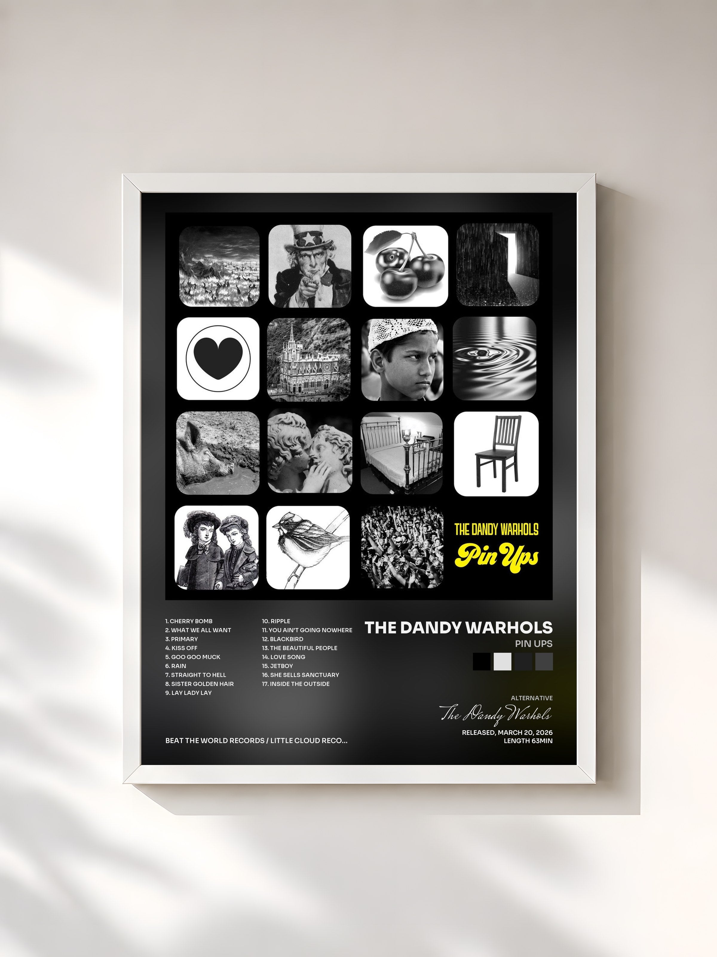 #blanc Tableau de l'album Pin Ups de The Dandy Warhols, cadre blanc, imprimé et encadré en France